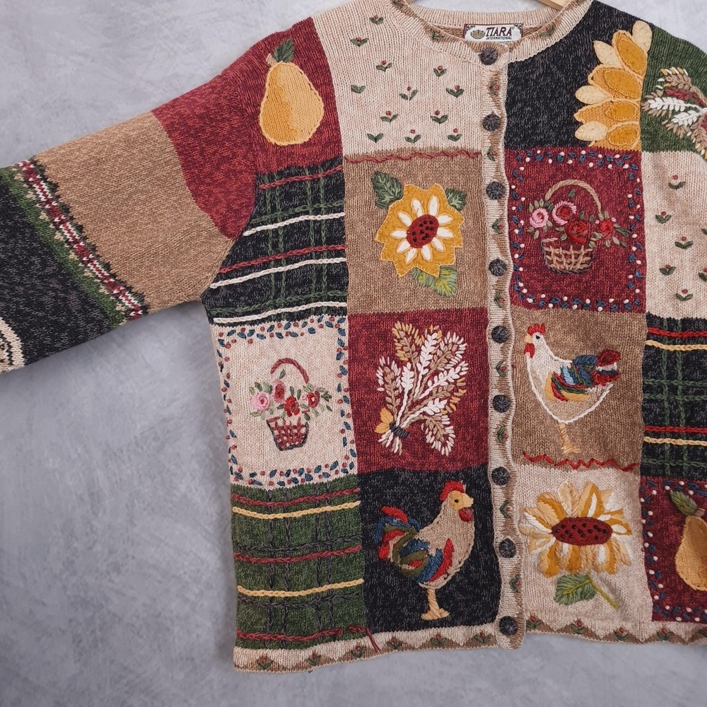 Handknit Country Cardigan Sweater Womens Large Farm Flower Rooster Sunflower - Picture 9 of 16